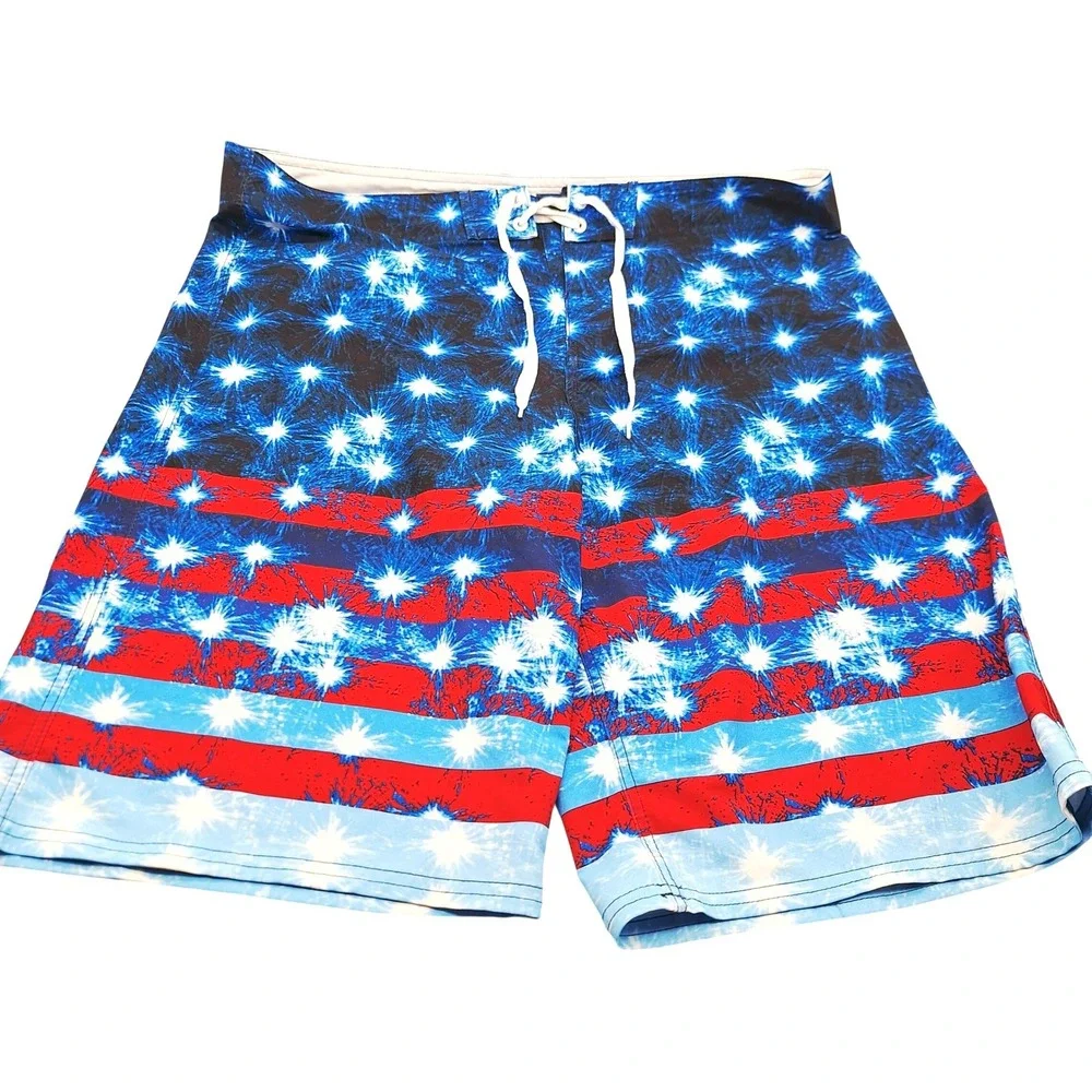 Burnside Mens Patriotic Fireworks Board Shorts Blue Red White Size 38 Pre Owned